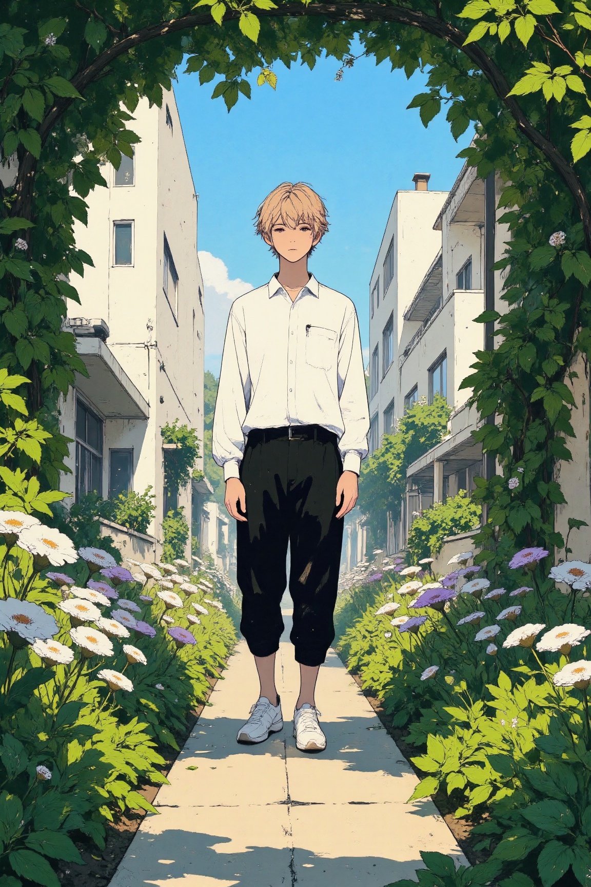 A serene,  anime-inspired outdoor scene featuring a young man standing in a narrow garden pathway surrounded by blooming f...
