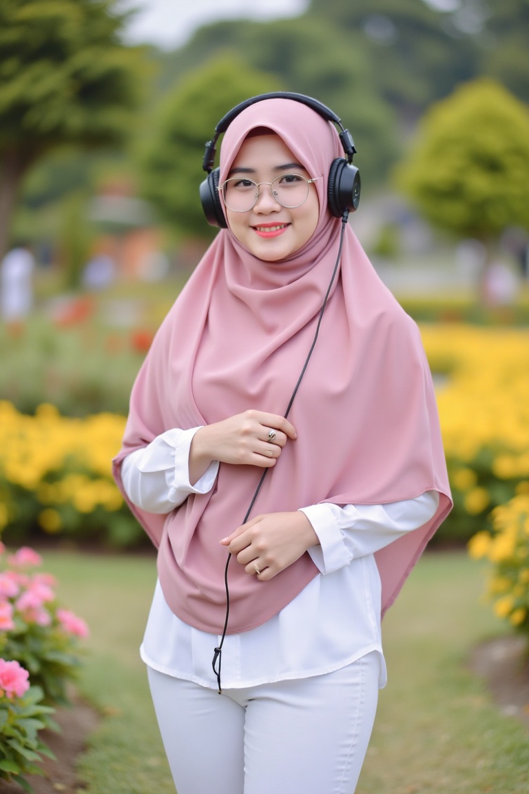A beautiful Indonesian woman wearing a pink niqab and white hijabsyari stands in a lush garden,  surrounded by vibrant flo...