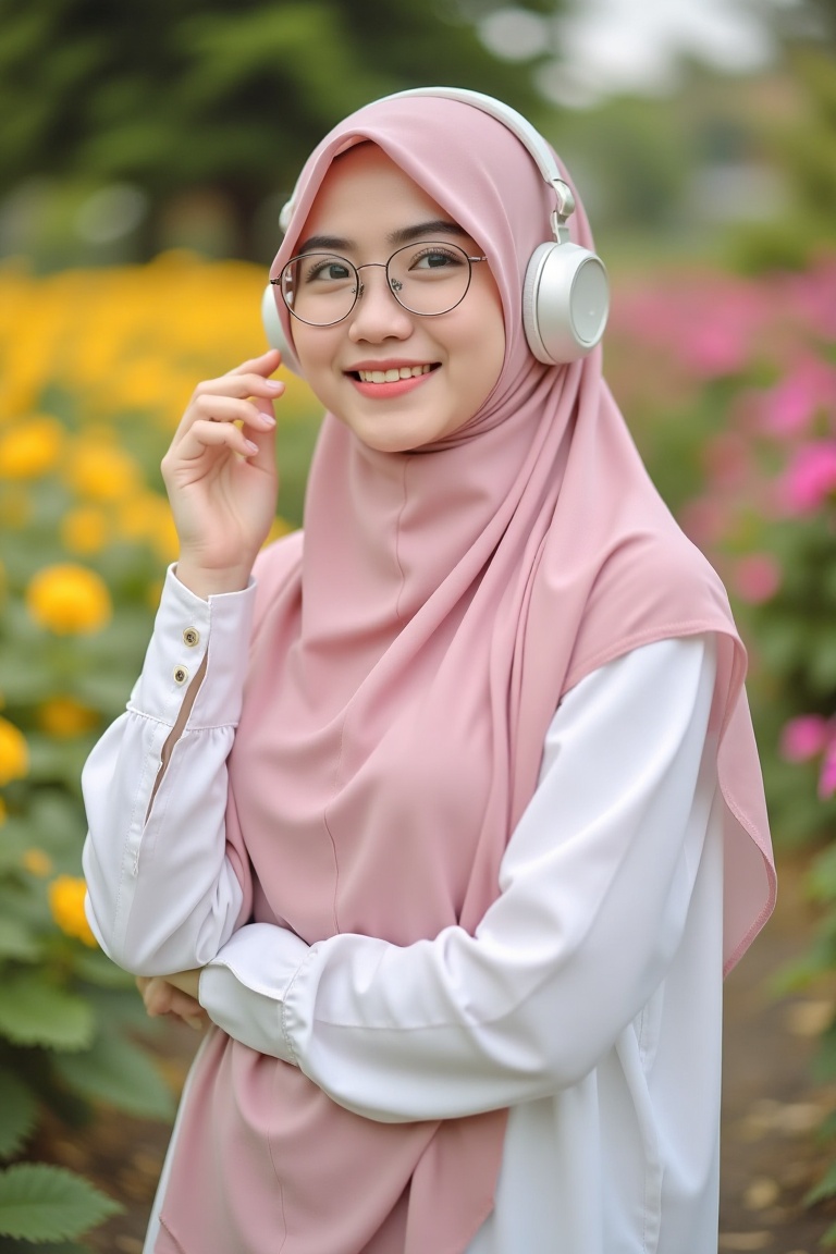 A beautiful Indonesian woman wearing a pink niqab and white hijabsyari stands in a lush garden,  surrounded by vibrant flo...