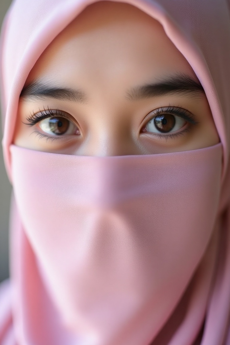 A close-up of a beautiful Indonesian woman wearing a pink niqab,  her expressive eyes prominently featured. The shot is ti...