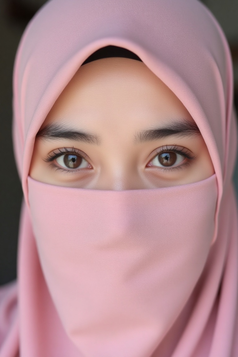 A close-up of a beautiful Indonesian woman wearing a pink niqab,  her expressive eyes prominently featured. The shot is ti...