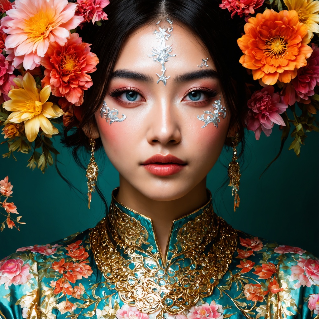 Realistic medium-sized portrait of a asian woman's face is adorned with a vibrant array of flowers,  including pink,  oran...