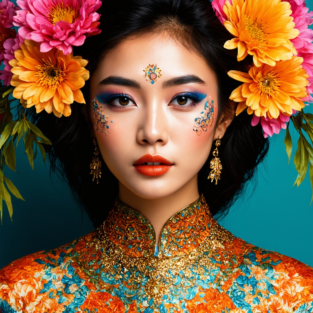 Realistic medium-sized portrait of a asian woman's face is adorned with a vibrant array of flowers,  including pink,  oran...