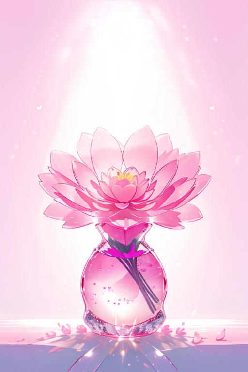 A macro shot of a glass pink flower with transparent petals,  set against a soft gradient background transitioning from wh...