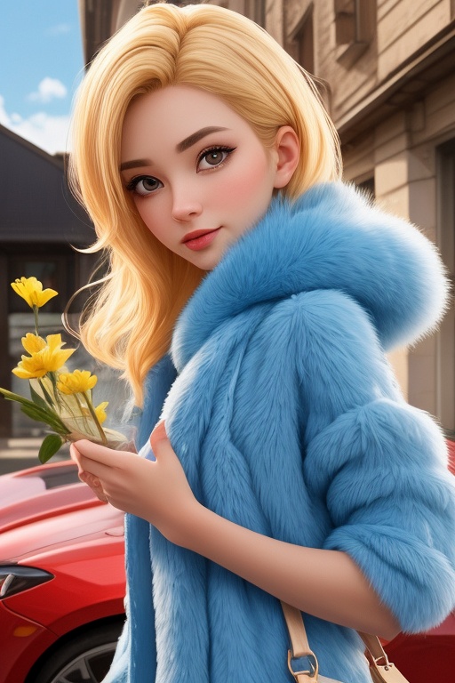An anime cartoon character with blonde golden hair and galaxy-style makeup is in close proximity to an elegant red sports...