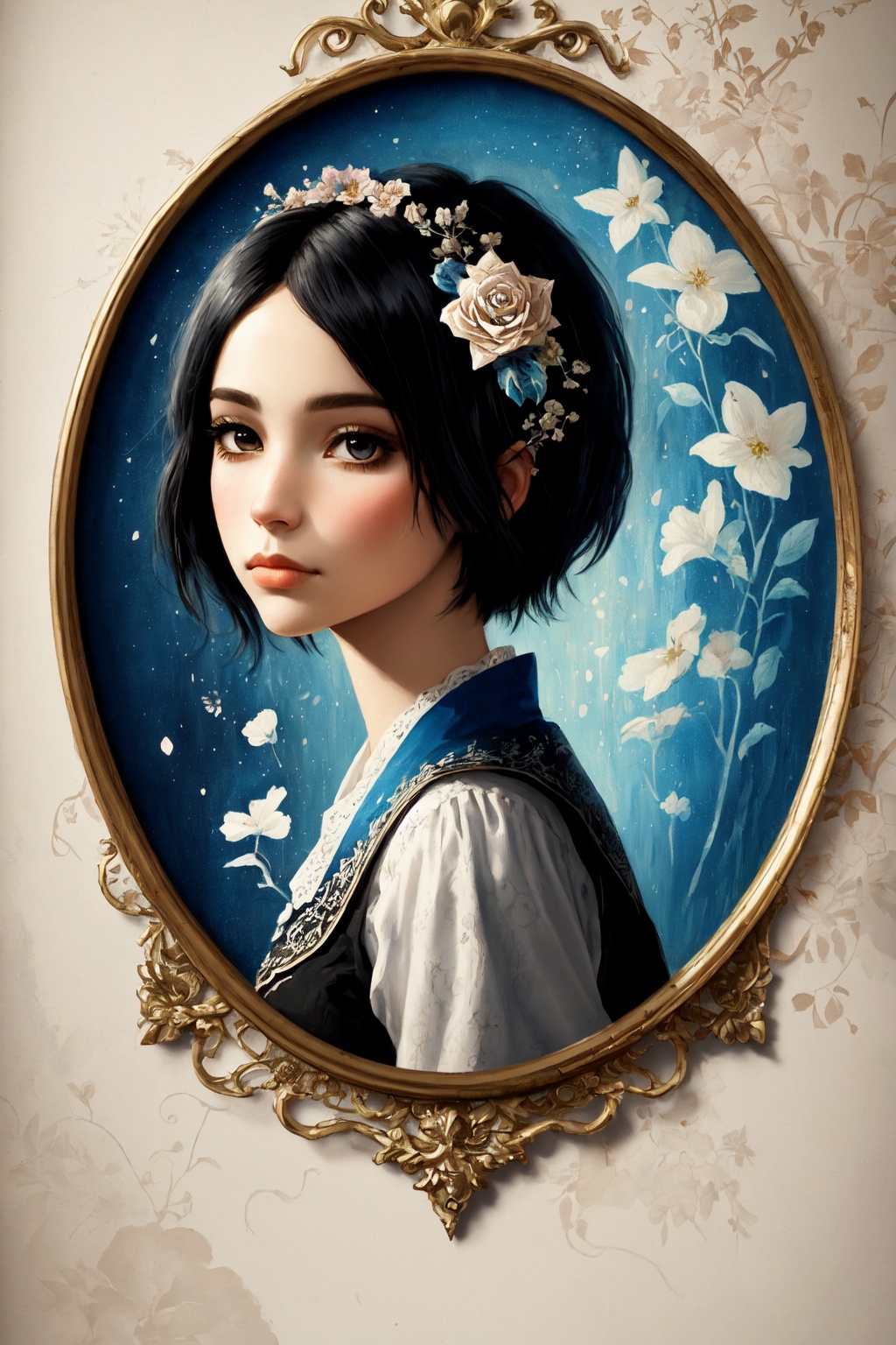 a woman,  short black hair,  shabby chic wallpaper on Tensor.Art