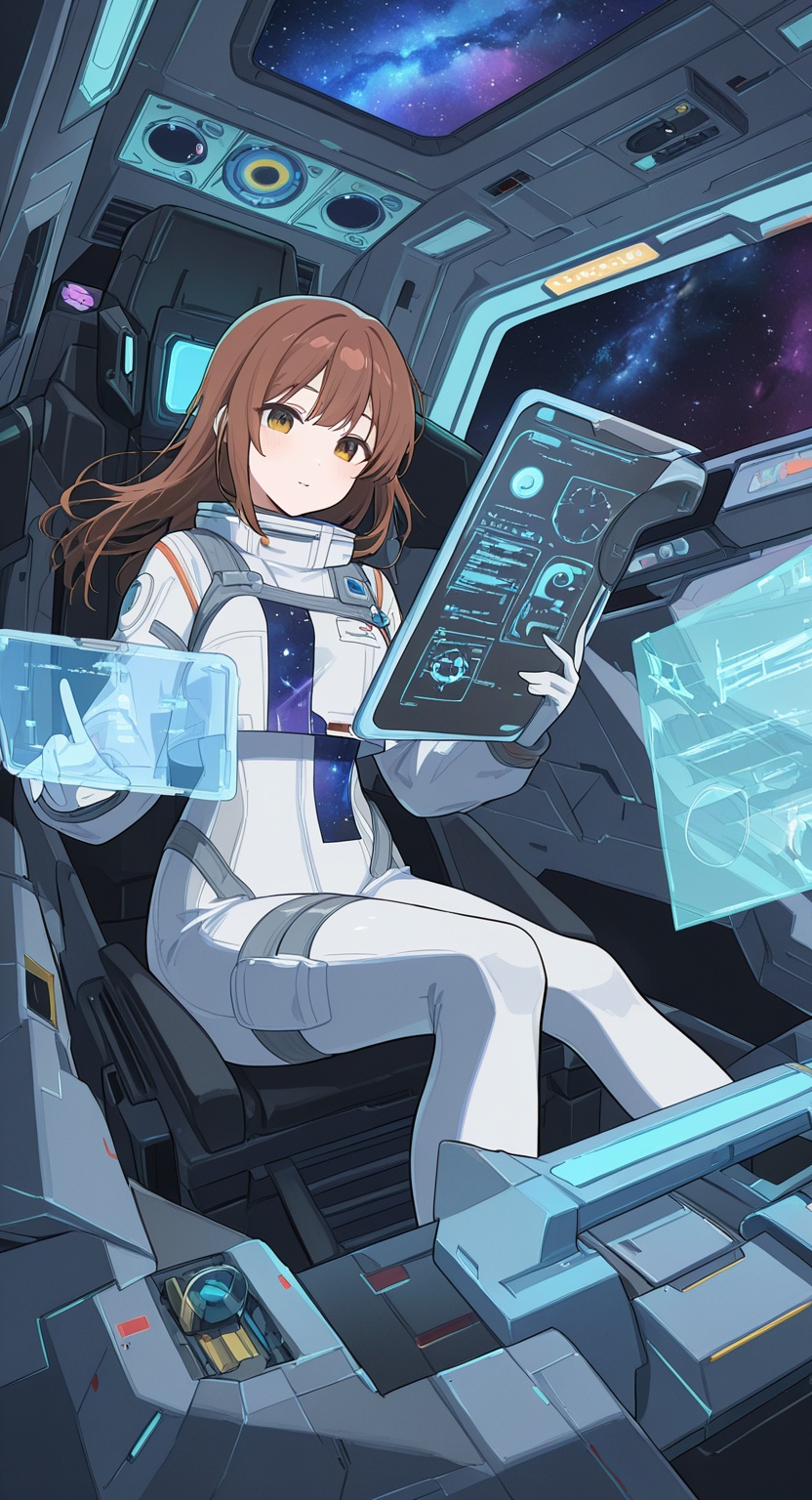 photograph,  futuristic spaceship cockpit,  glowing control panels on Tensor.Art