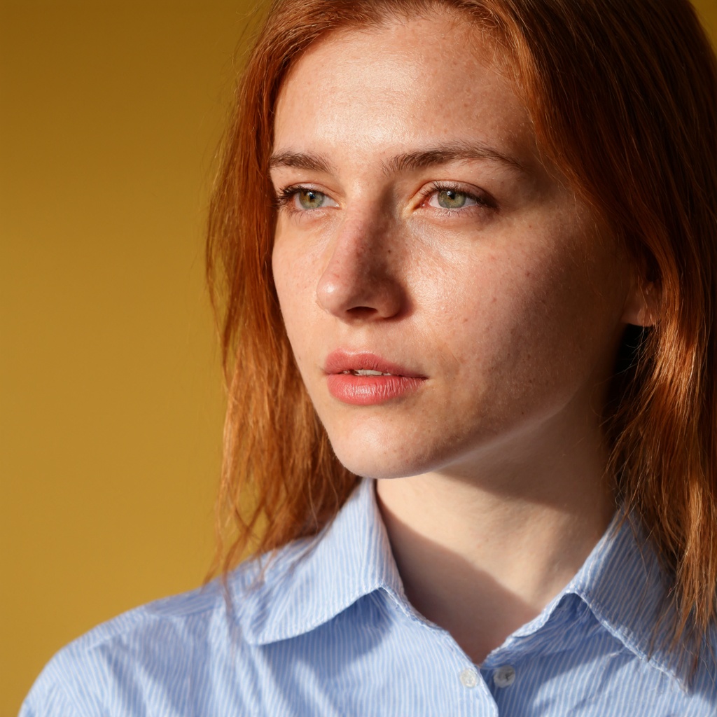 portrait of a young woman with vibrant auburn hair,  naturally styled and slightly tousled,  and light tan skin with visib...