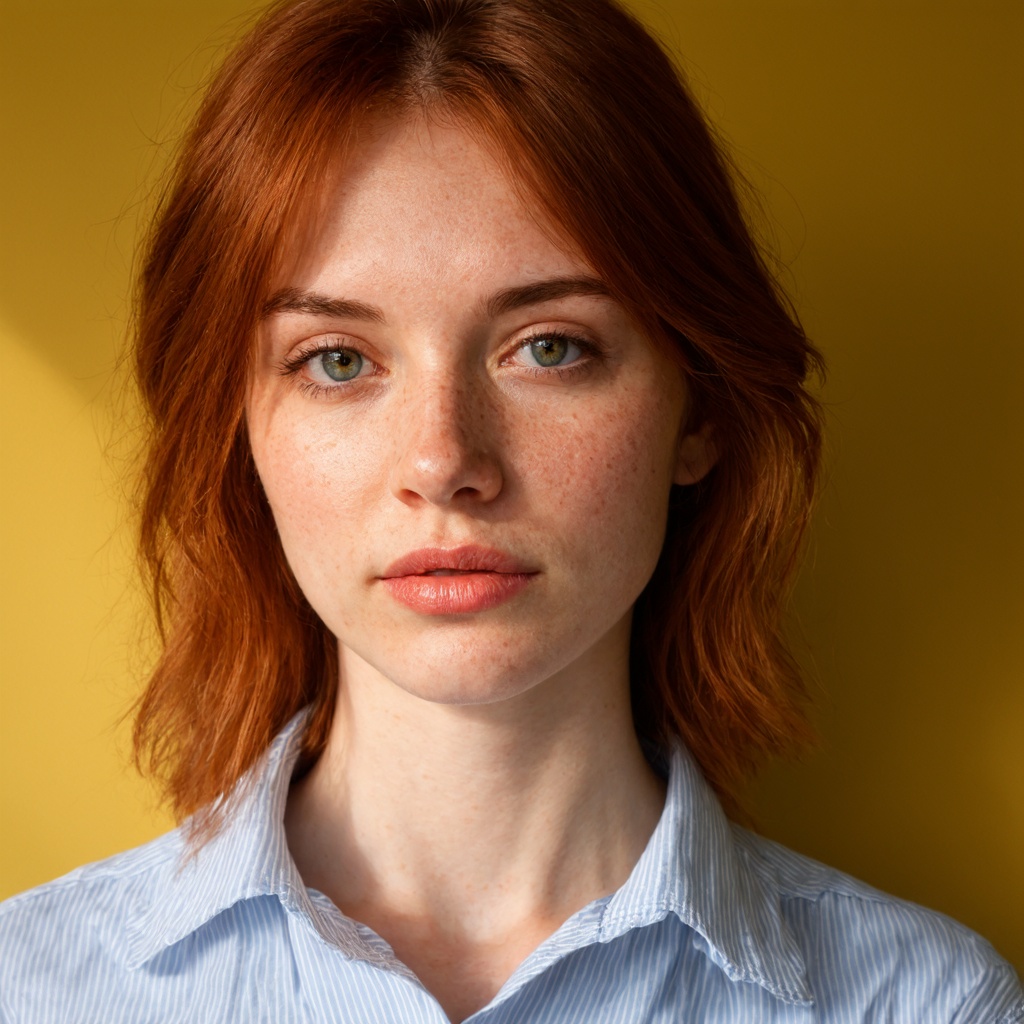 portrait of a young woman with vibrant auburn hair,  naturally styled and slightly tousled,  and light tan skin with visib...