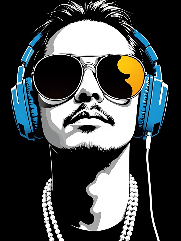 pop art style,  a man wearing sunglasses and headphones. The man's face is white and he has a black mustache and beard. He...