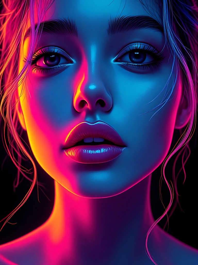 pop art style,  An eye-level perspective of a woman's face is depicted in a vibrant blue,  pink on Tensor.Art