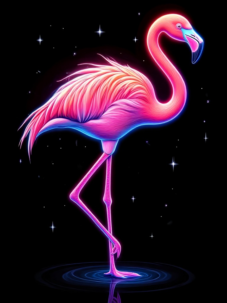 pop art style,  A vibrant pink flamingo is standing on its hind legs with its head turned to the right. The flamingo has a...