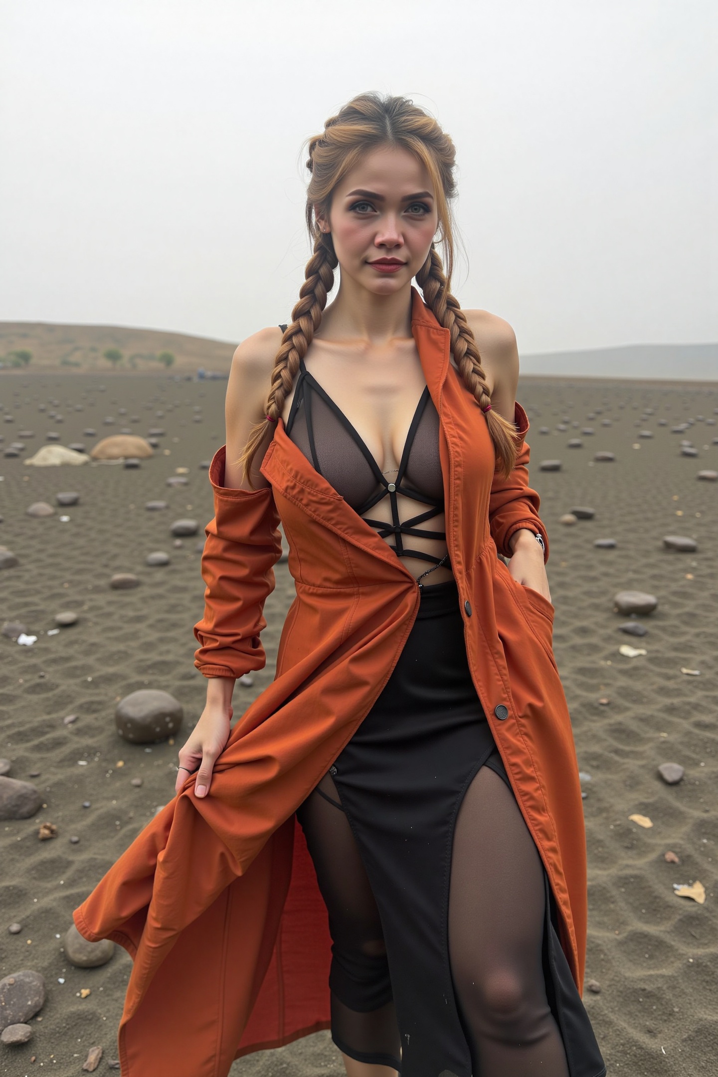 Medium shot of a woman named Kab3l standing in a desolate field under an overcast sky,  her hair styled into intricate fis...