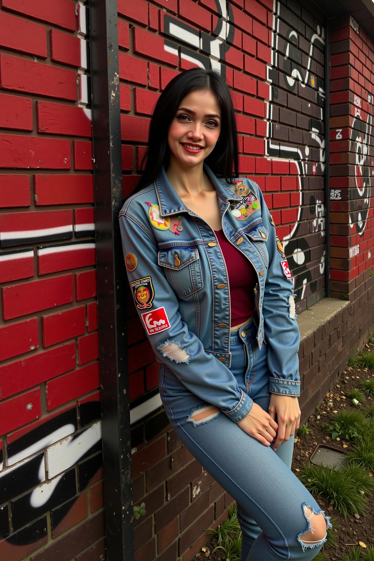 Medium shot of a young woman named Kab3l leaning against a weathered brick wall covered in graffiti while smiling and look...