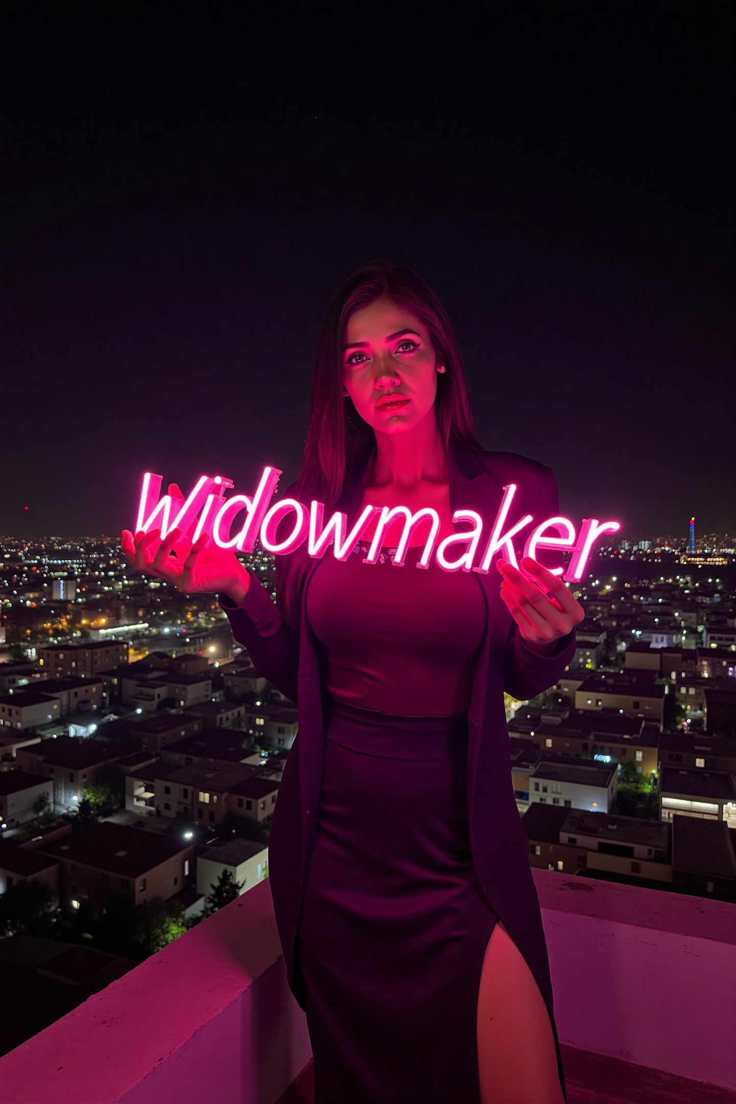 A woman named WidowMaker standing on a rooftop overlooking a sprawling cityscape,  holding a glowing pink neon sign that s...