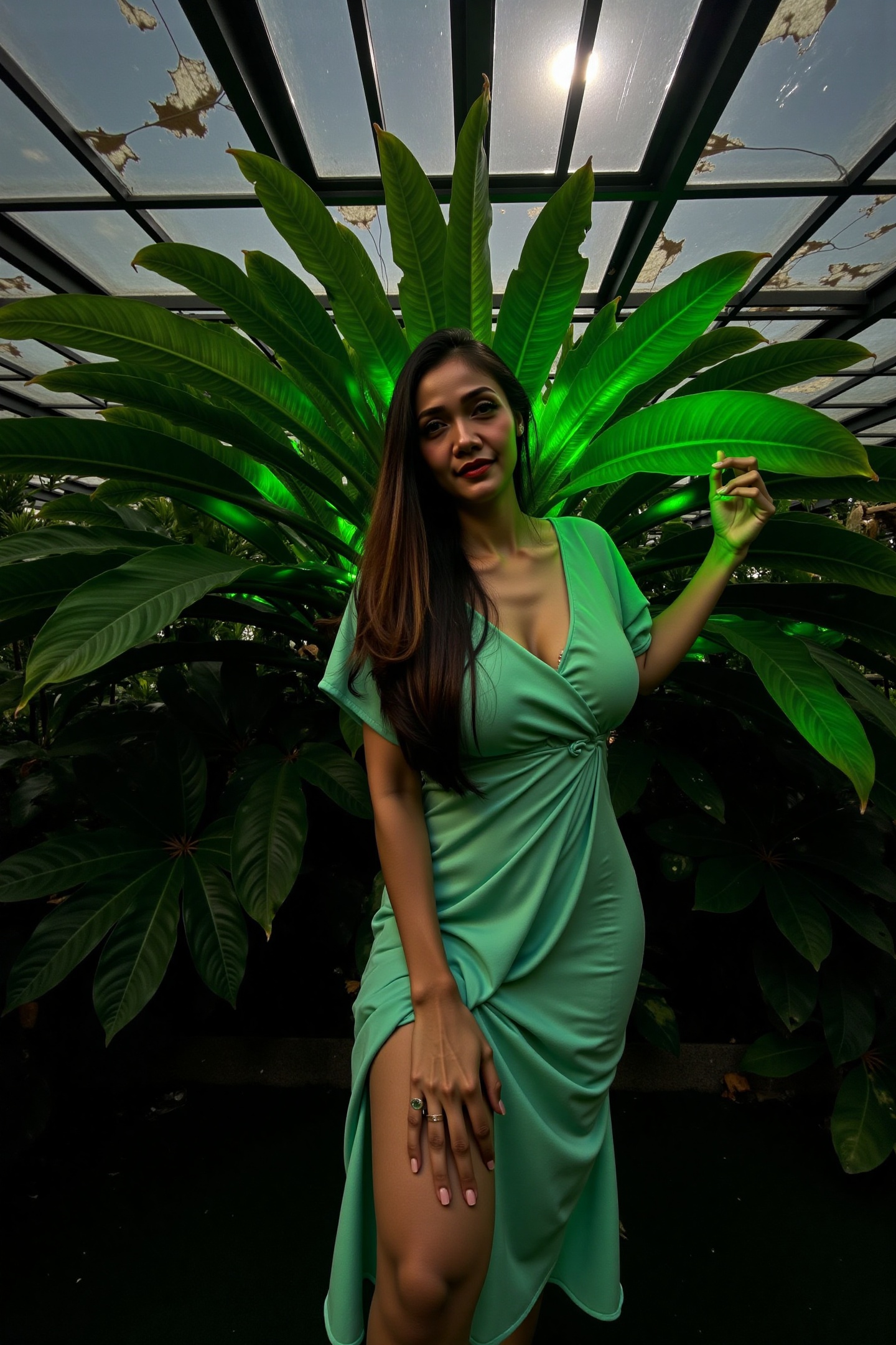 A woman named Kab3l standing in the middle of an overgrown greenhouse,  her hands gently brushing against the leaves of a...