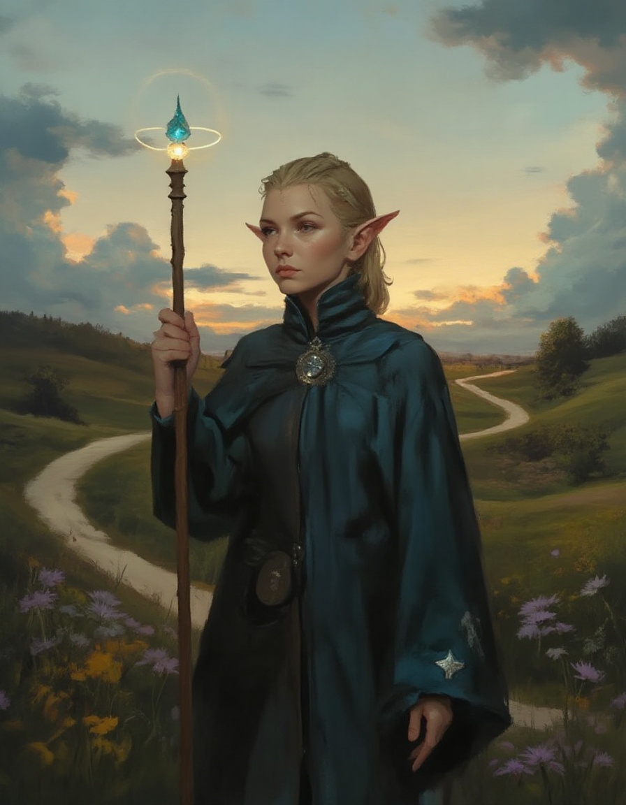 Fantasy painting of a young novice elf magician young woman with pointed ears who is wearing plain novice robes of deep bl...