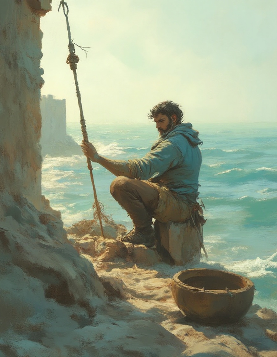 Fantasy painting of a Greek fisherman mending his nets by the azure waters of the Mediterranean Sea,  early morning romant...