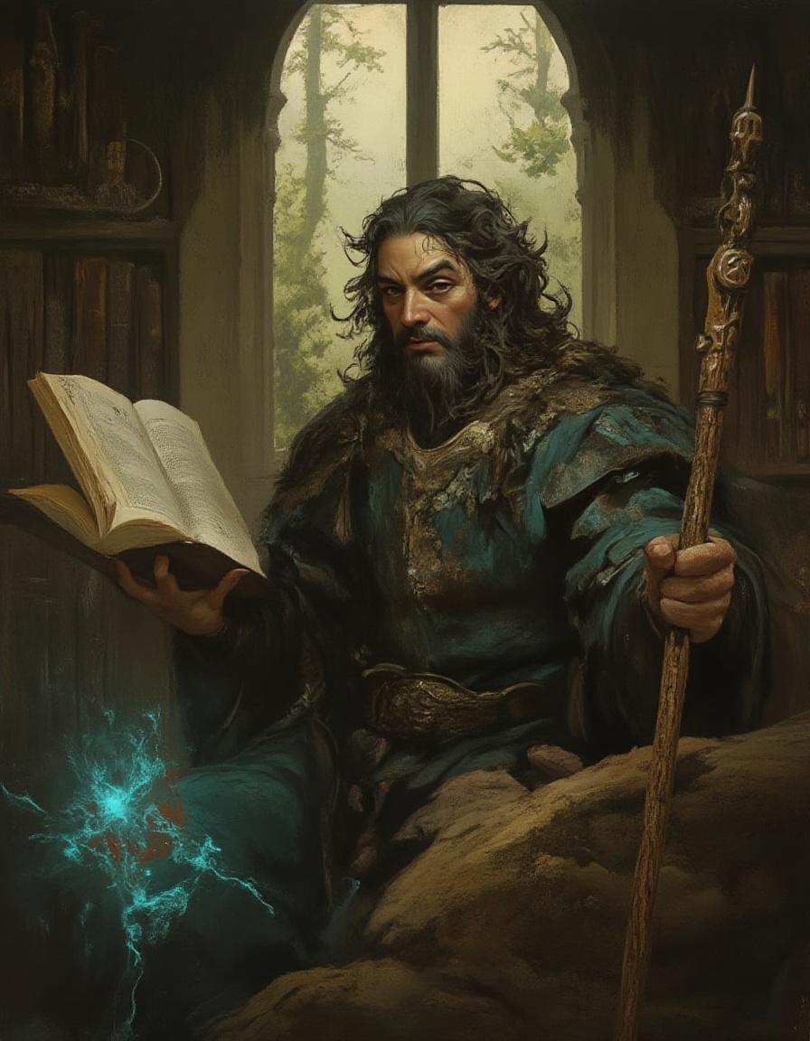 Fantasy painting portrait of a scholarly wizard in his study with massive book of magic spells surrounded by carved glyphs...