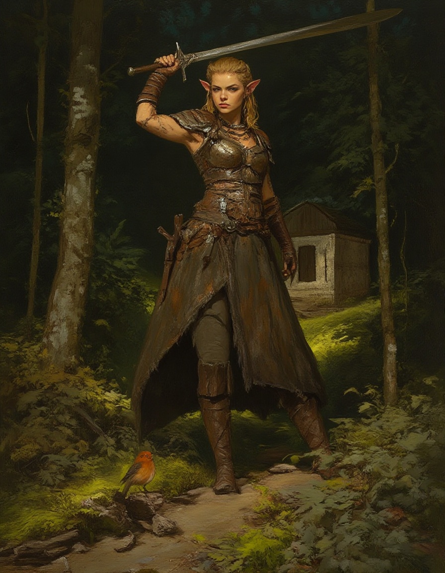 Fantasy painting portrait of a fierce noble female elf ranger in weathered leather and steel armor with a broadsword on a...