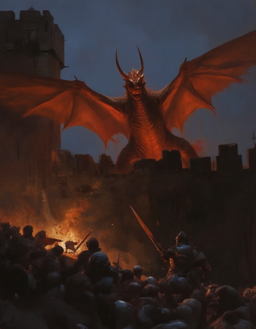 Fantasy painting of a fiery crimson dragon who sprawls across the ancient castle wall,  its majestic wings spread wide,  c...