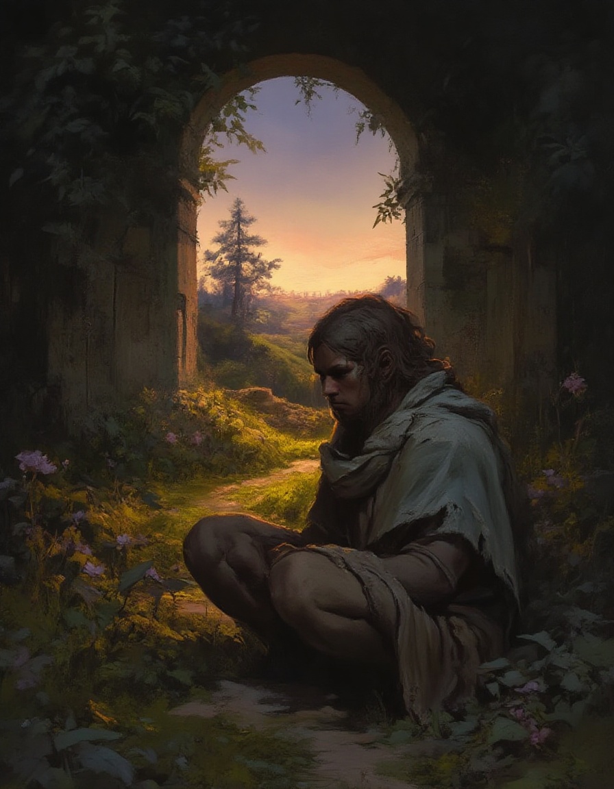 Fantasy painting of a dusk luminous faerie realm landscape with a crouching figure in tattered faded clothes on the side o...