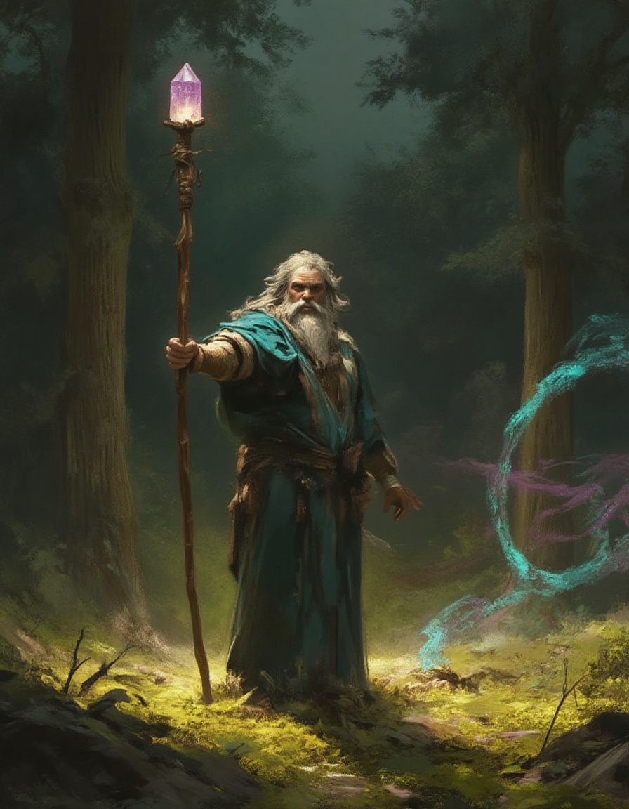 Fantasy painting of a wizard in a forest clearing holding his crystal-topped staff aloft casting magic summoning a portal,...