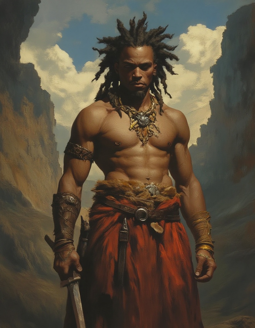 Fantasy painting of a medieval jamaican fantasy sci-fi hollywood warrior in front of tall mountains and dramatic sky on Te...