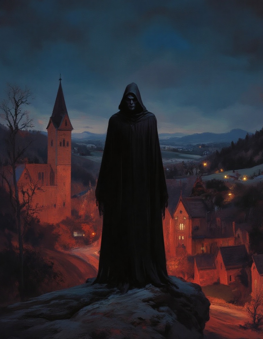 Fantasy painting of a tall robed menacing vampire figure standing on a high promontory overlooking a nighttime gothic Tran...