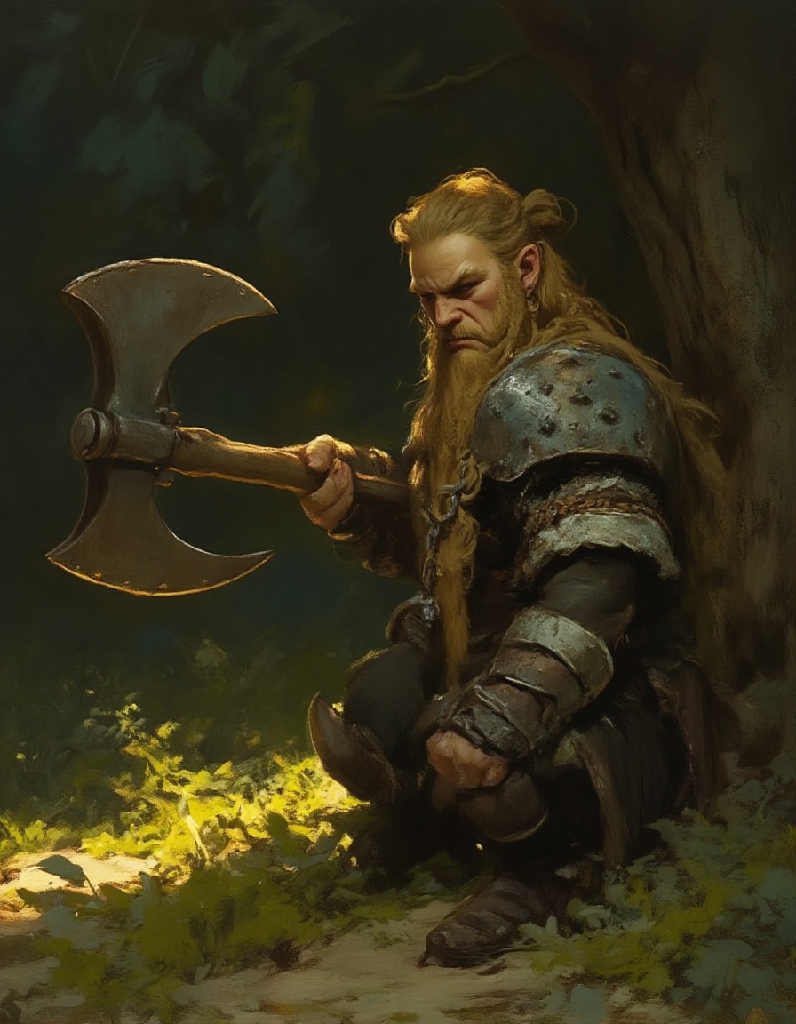Fantasy painting of a dwarf warrior,  short and stocky man holding a massive battle axe - looks nearly as big as the dwarf...