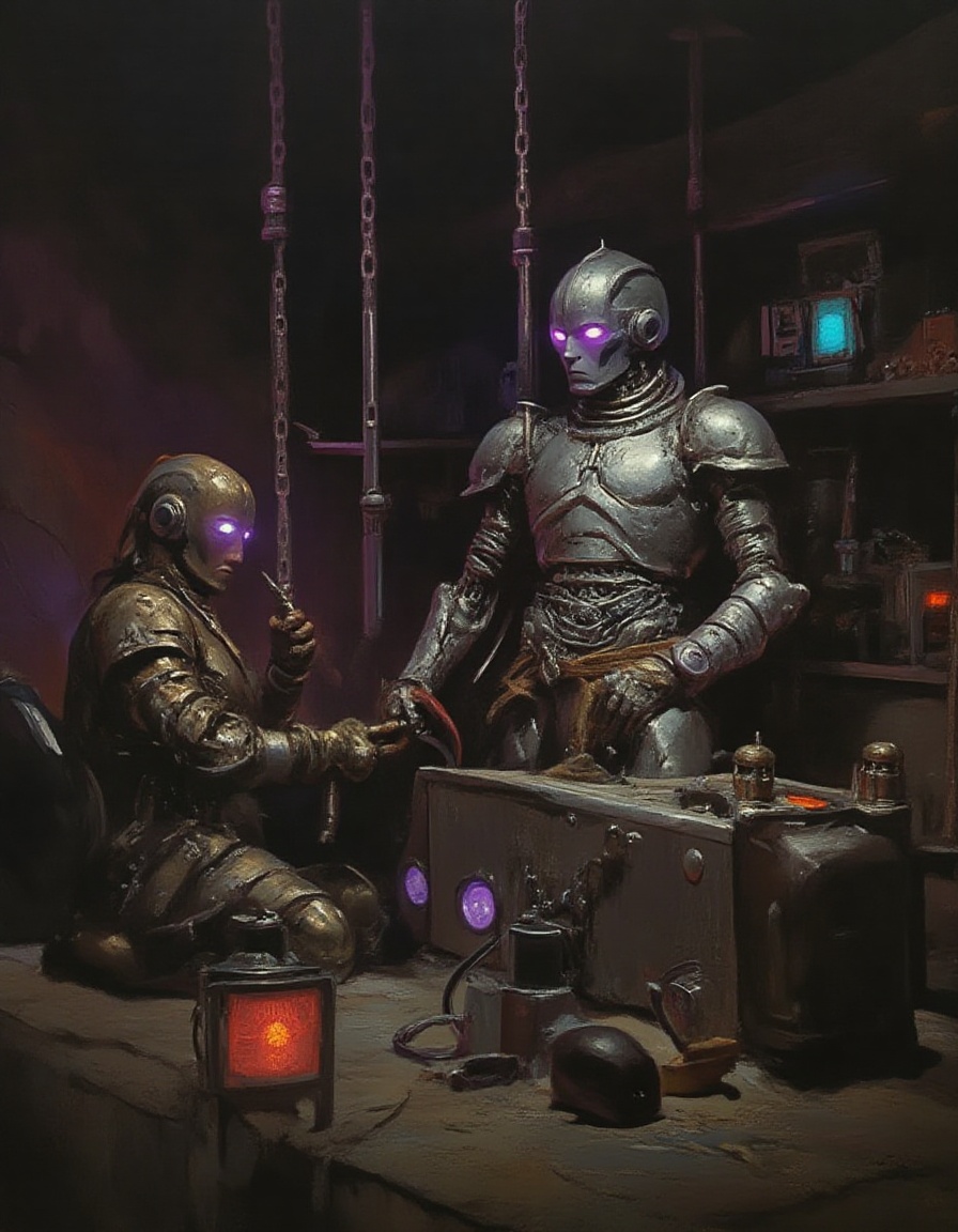 Fantasy painting of a cyberpunk base in the Ellora Caves with silver-brass robots cybersteampunk technicians at glowing co...