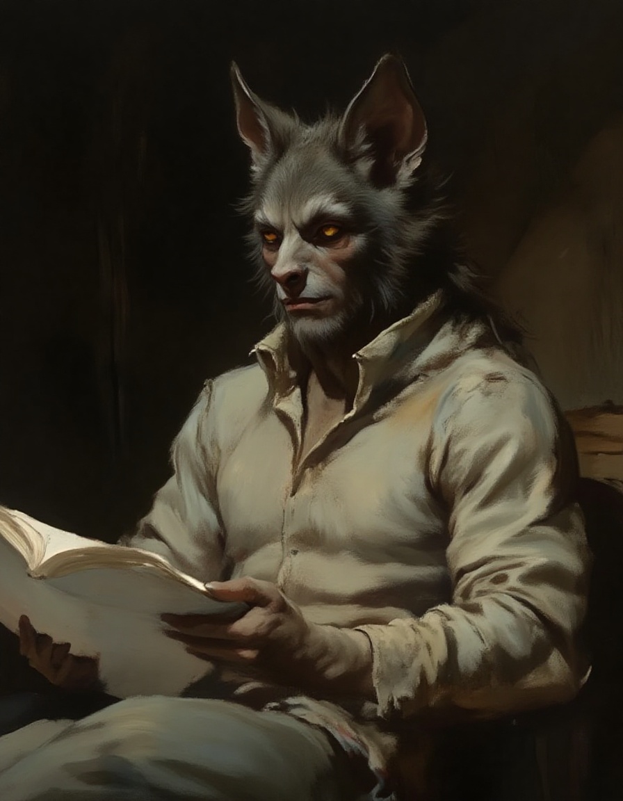 Fantasy painting portrait of a werewolf reading a script for a television role on Tensor.Art
