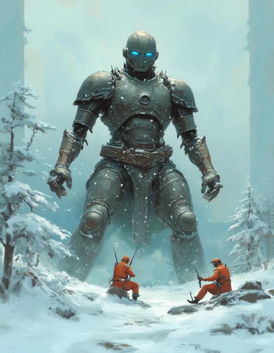 Fantasy painting of a massive mech worker in the snow with tiny human technicians on the ground dressed for arctic cold sn...