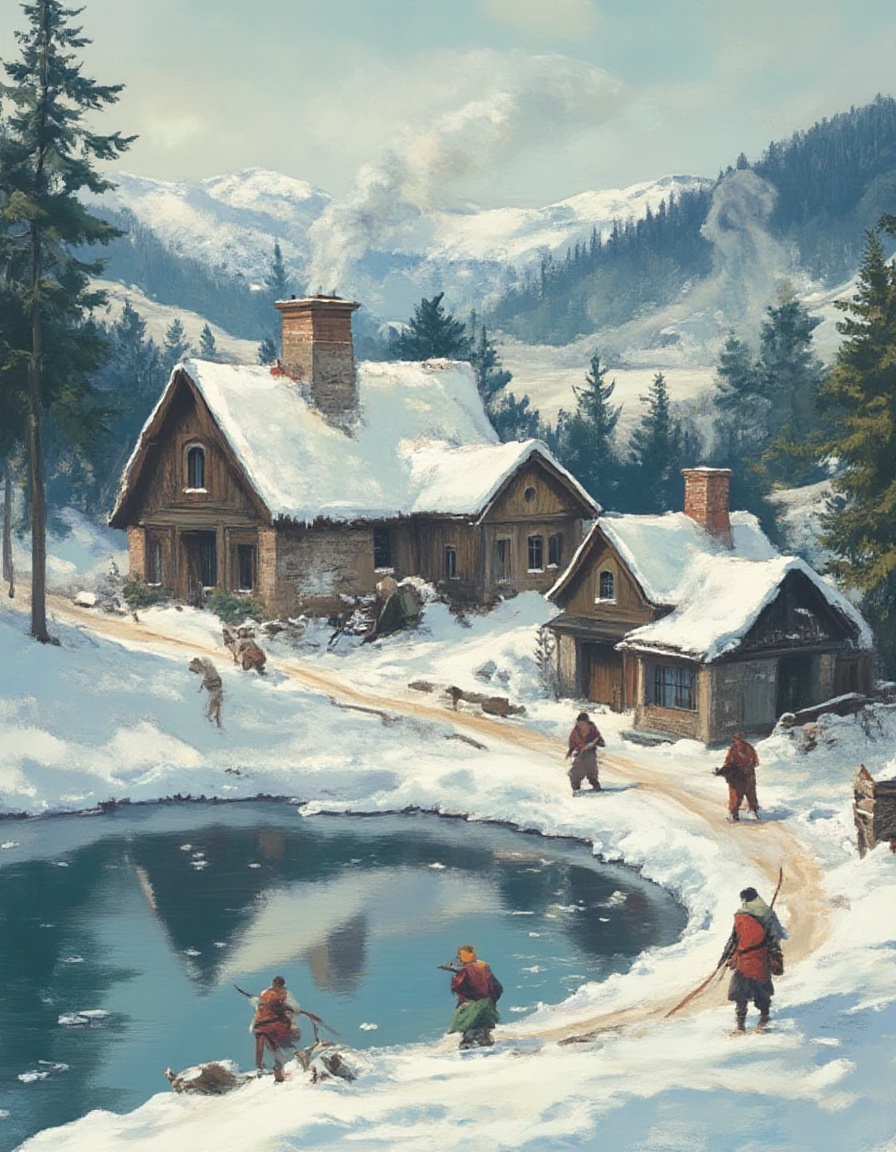 Fantasy painting of a serene mountain village in winter: Snow-covered cottages with smoke rising from chimneys,  villagers...