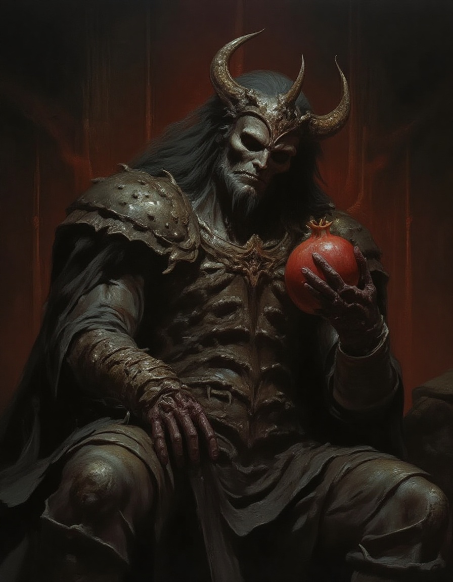 Fantasy painting portrait of the god of death holding a pomegranate and sitting on his throne in a dark chamber of his hel...