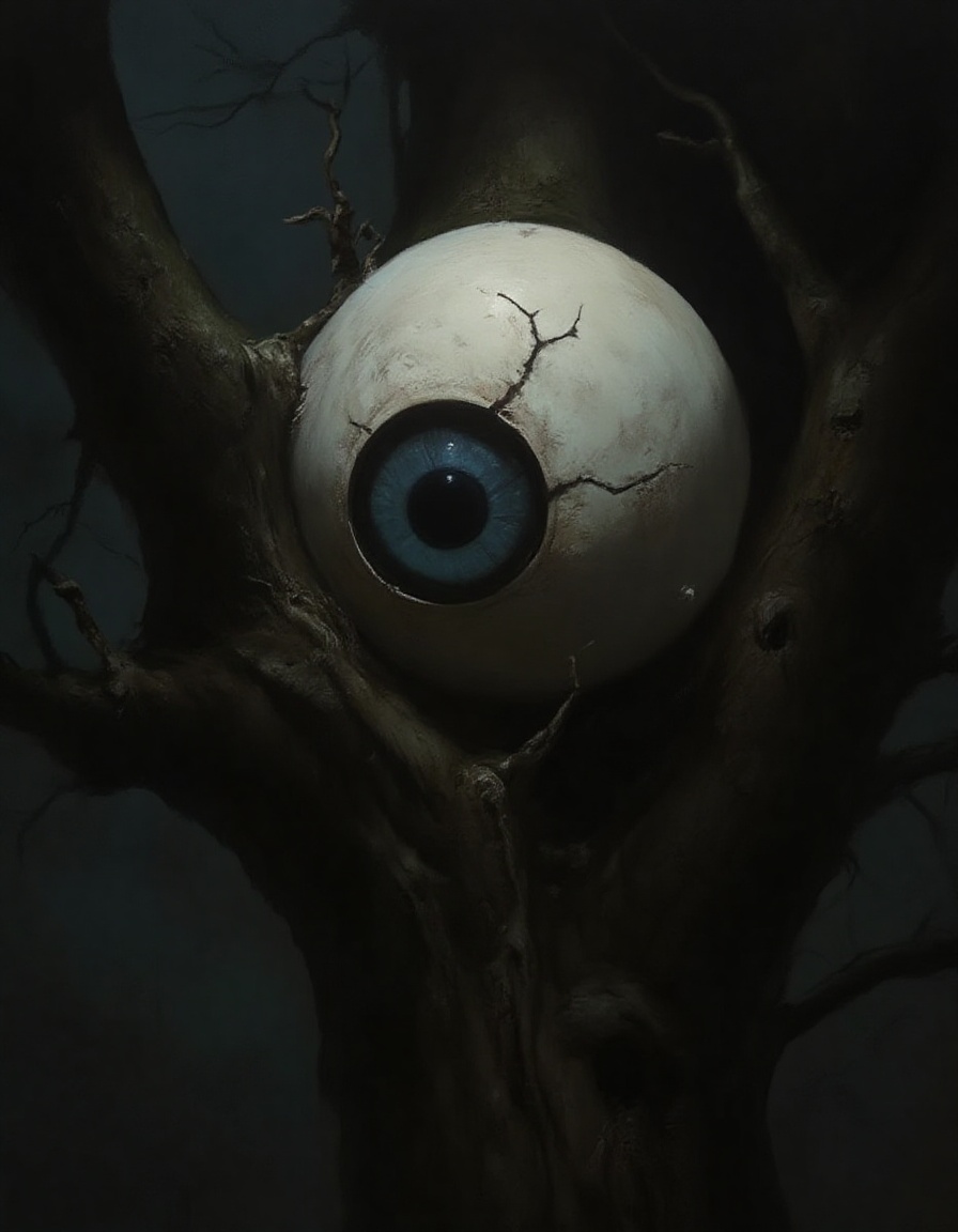 Fantasy painting of a large creepy eyeball embedded in a dark oak tree in a dank dark haunted forest on Tensor.Art