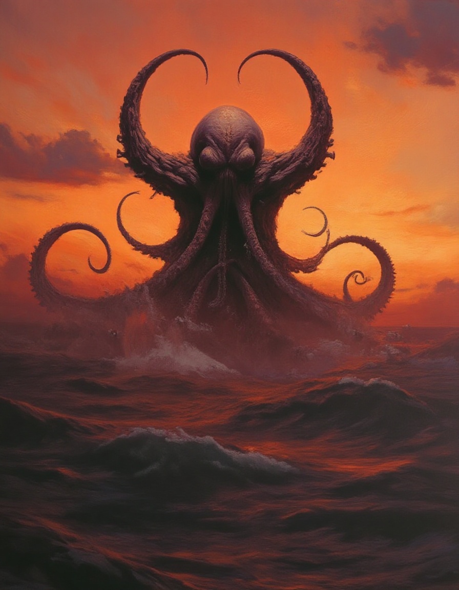 Fantasy painting of an evil horror Cthulhu rising from the ocean under a sunset menacing blood sky on Tensor.Art
