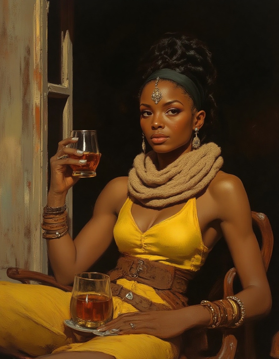 Fantasy painting closeup of a beautiful African woman with a glass of whisky indoor rich furnishings scene by maxfield par...