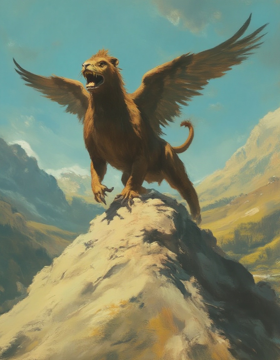 Fantasy painting of A majestic griffin perched atop a mountain peak,  the chimerical creature with the head and wings of a...