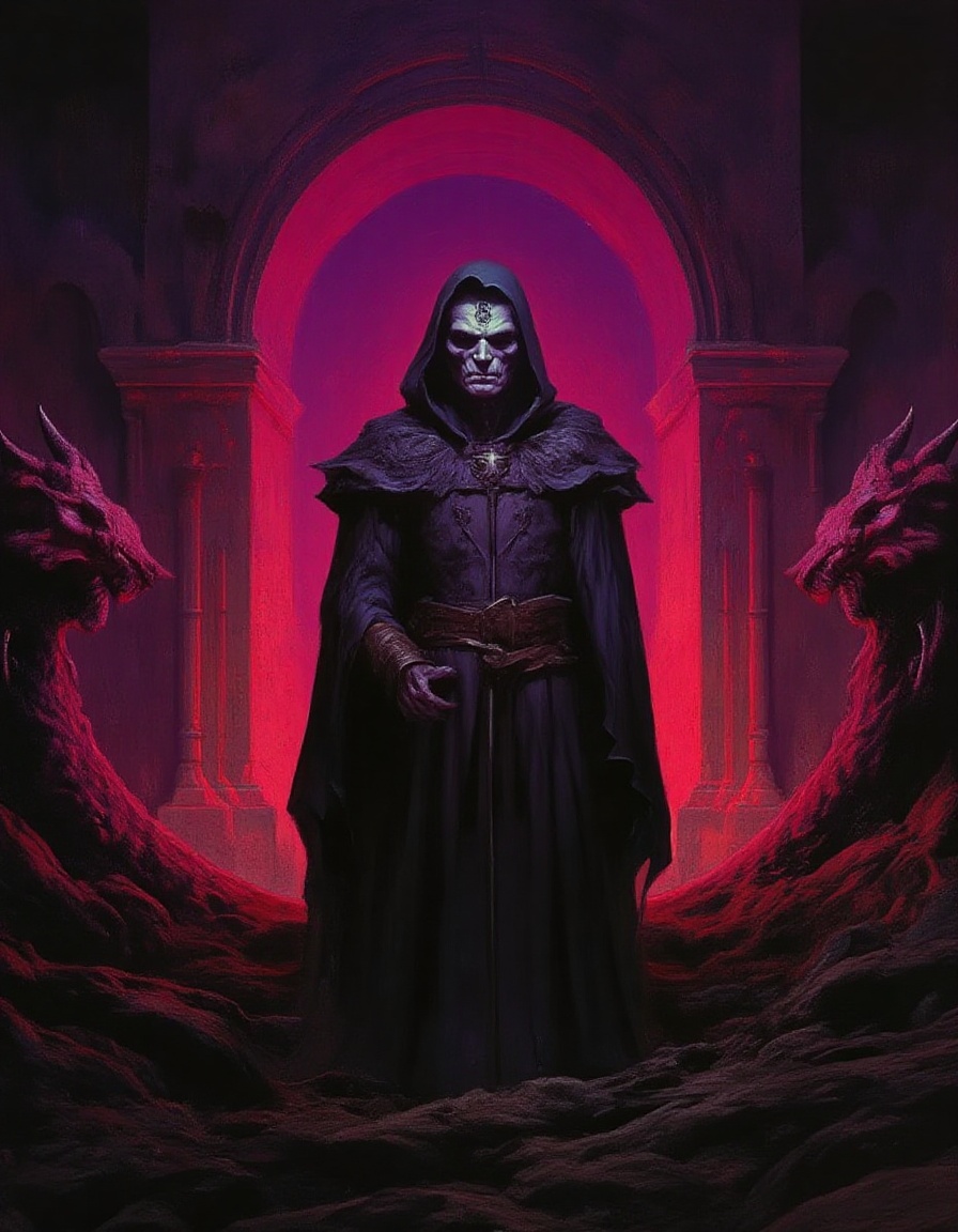 Fantasy painting of a dark subterranean temple with an evil priest in black robes at his altar carved with dragon forms an...