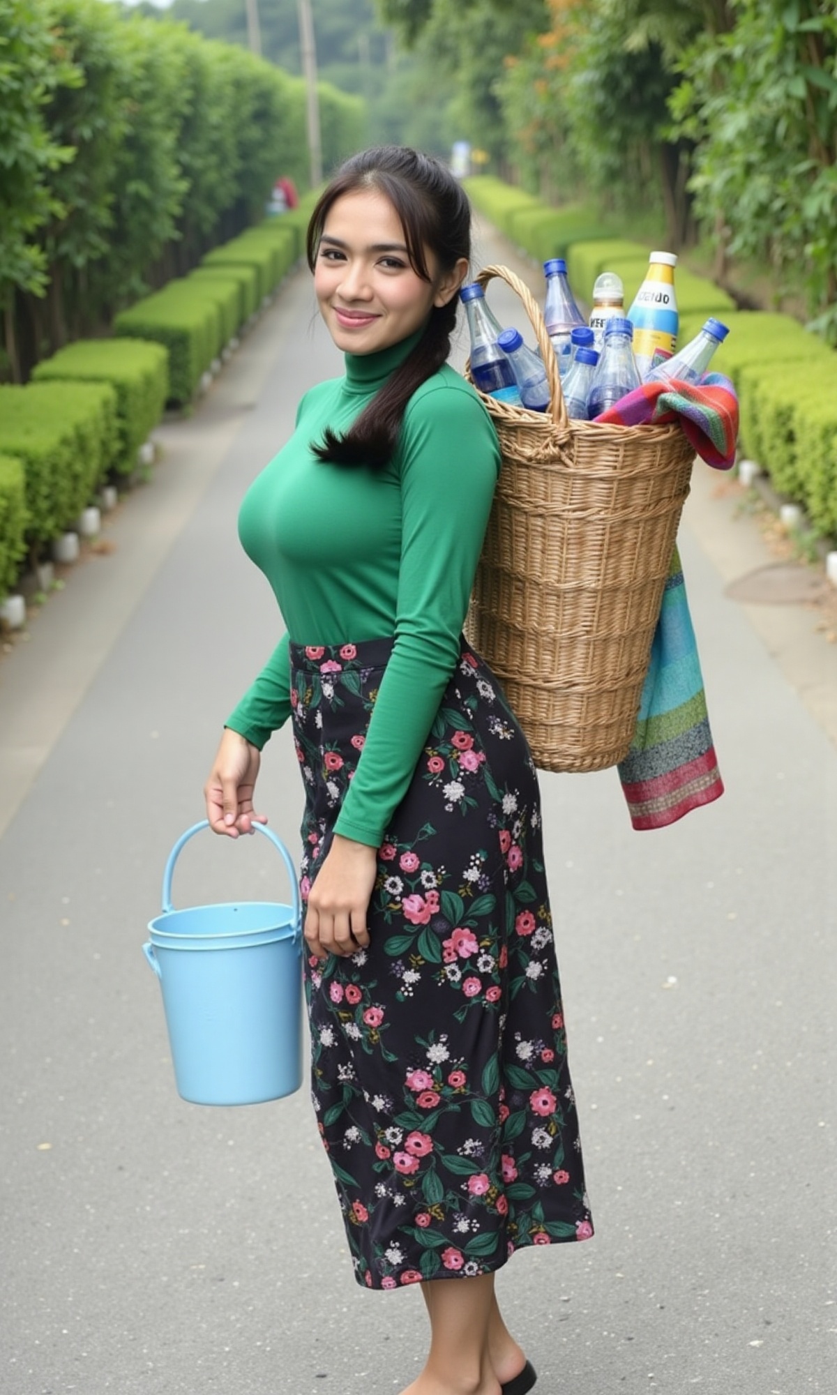 The image depicts a young woman standing on a path lined with greenery. She is wearing a green long-sleeve shirt and a tra...