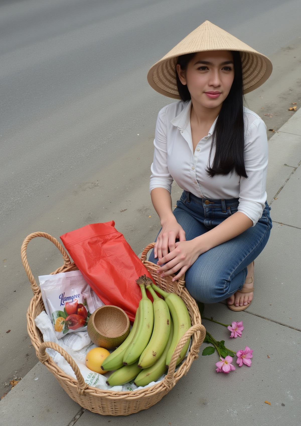 The image features a young woman sitting on the ground,  wearing a traditional conical hat. She is surrounded by a woven b...