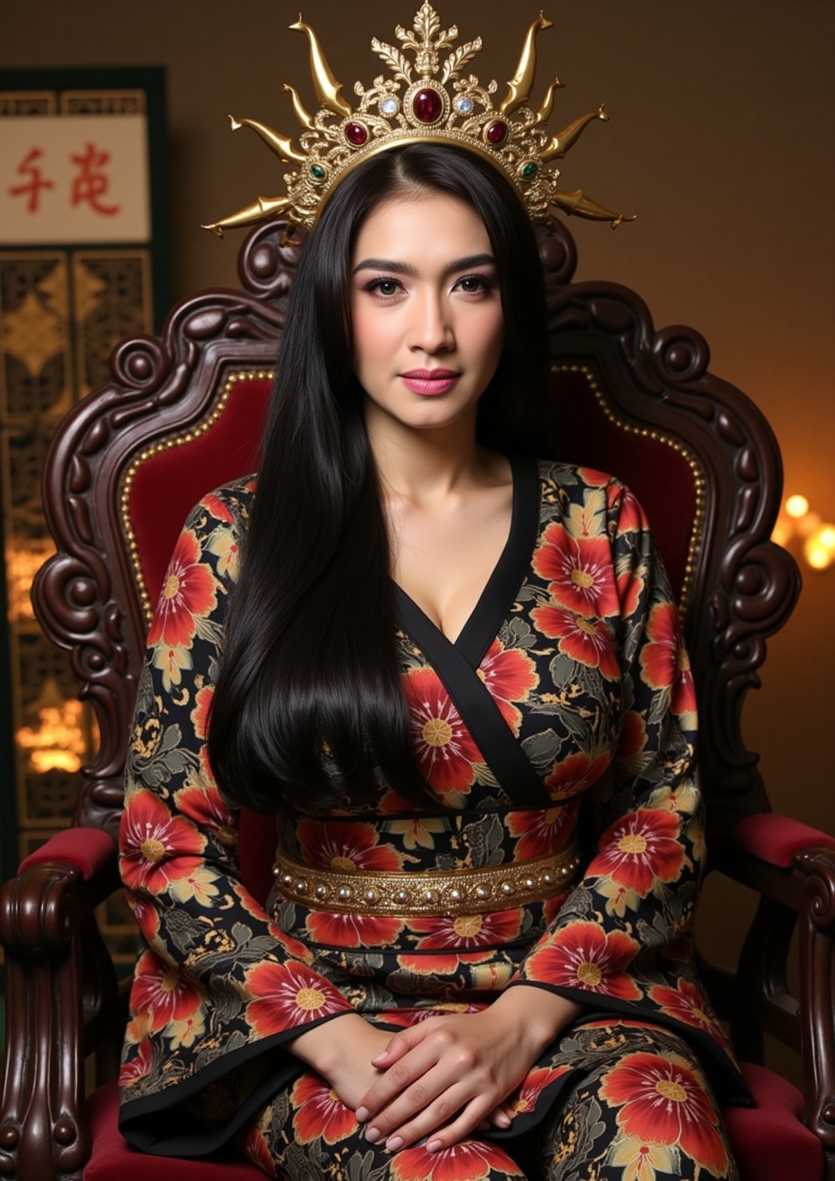 "A photorealistic portrait of a powerful warrior empress seated on an intricately designed throne. Her sharp,  captivating...