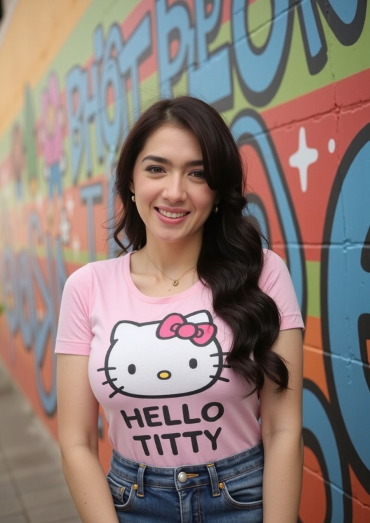 A vibrant young woman,  radiating confidence in a snug,  playful Hello Kitty tee reading "HELLO TITTY on Tensor.Art