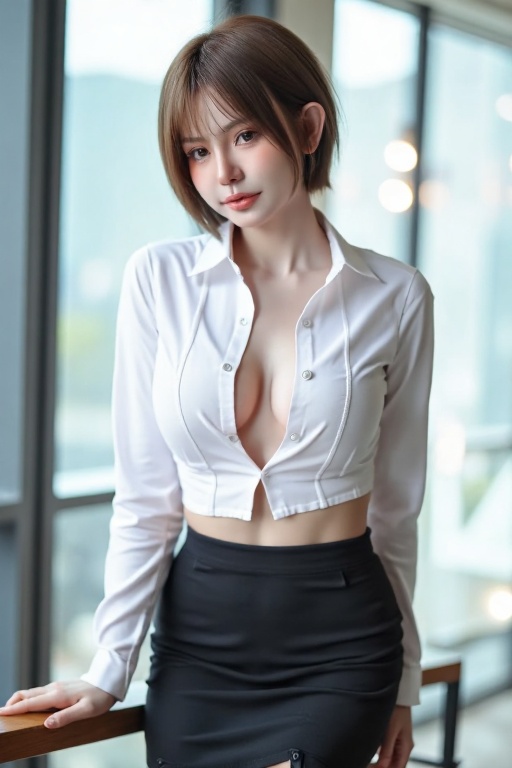 A tantalizing shot of an Asian girl showcasing her sultry charm. The camera focuses on her chest,  where a tantalizing gli...