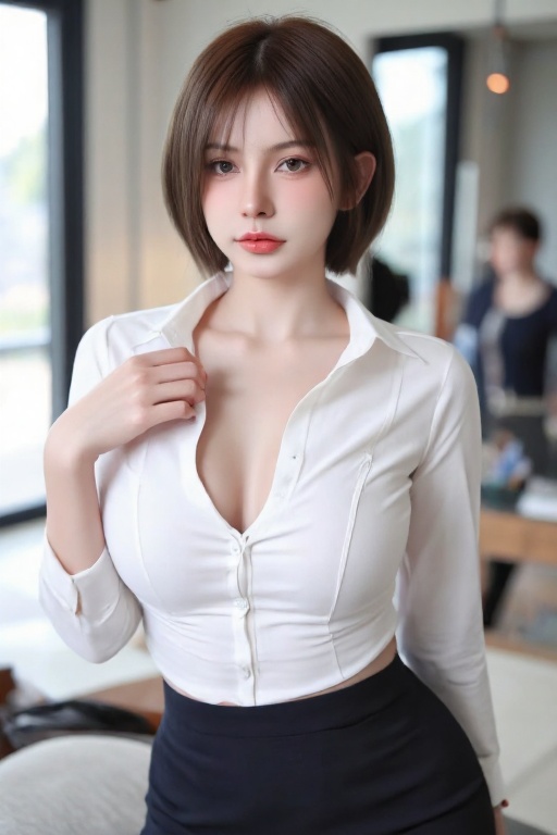 A tantalizing shot of an Asian girl showcasing her sultry charm. The camera focuses on her chest,  where a tantalizing gli...