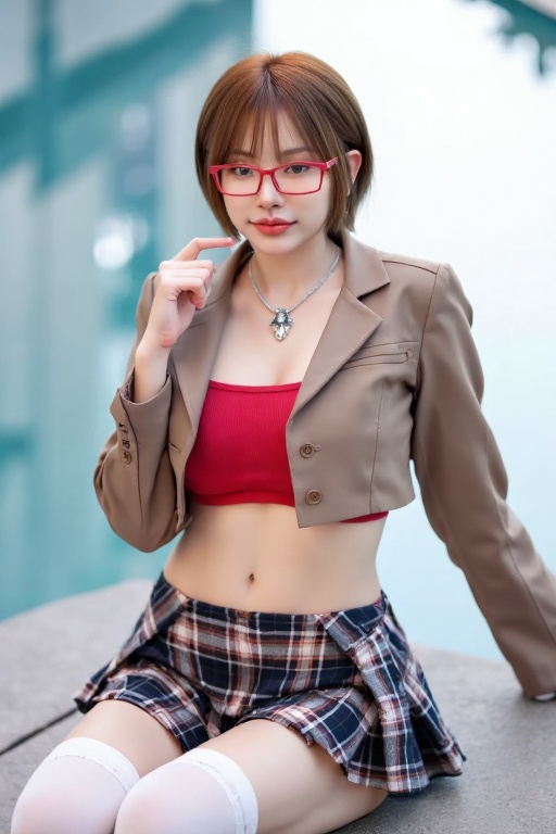 A close-up shot of a solo Asian girl,  sporting short brown hair and a playful grin,  sits comfortably with a medium chest...