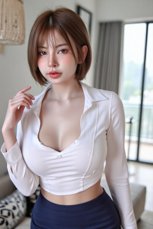 A tantalizing shot of an Asian girl showcasing her sultry charm. The camera focuses on her chest,  where a tantalizing gli...