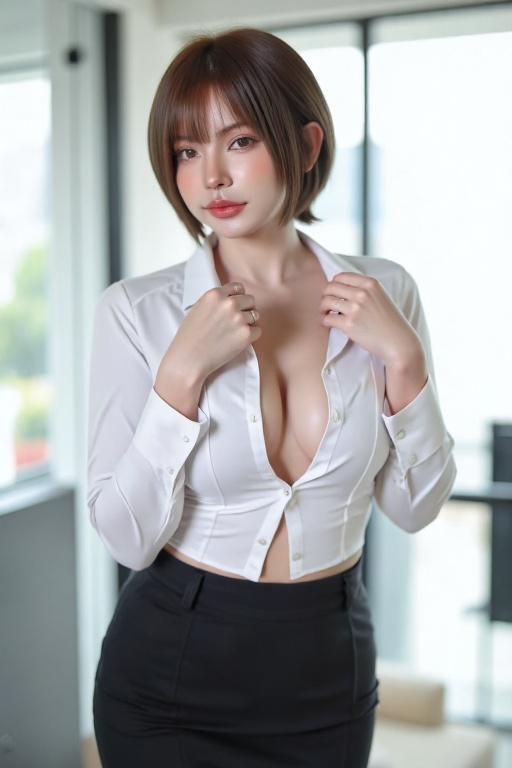 A tantalizing shot of an Asian girl showcasing her sultry charm. The camera focuses on her chest,  where a tantalizing gli...