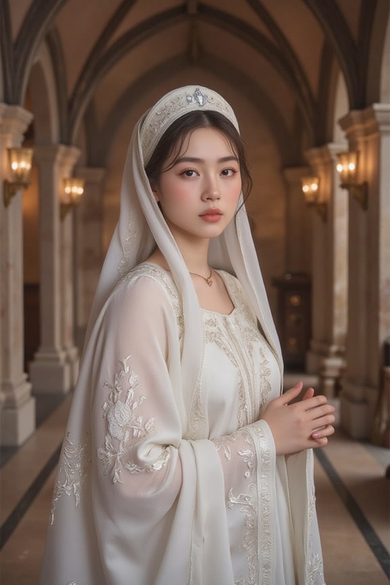 A Byzantine style girl stands reverently within a monastery's dimly lit chamber,  her white head-cloth and veil glistening...